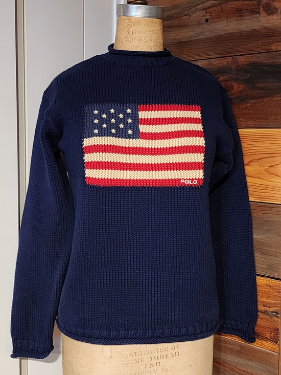 Polo Ralph Lauren Sweaters - Polo by Ralph Lauren Navy Crewneck Sweater with American Flag Knit
